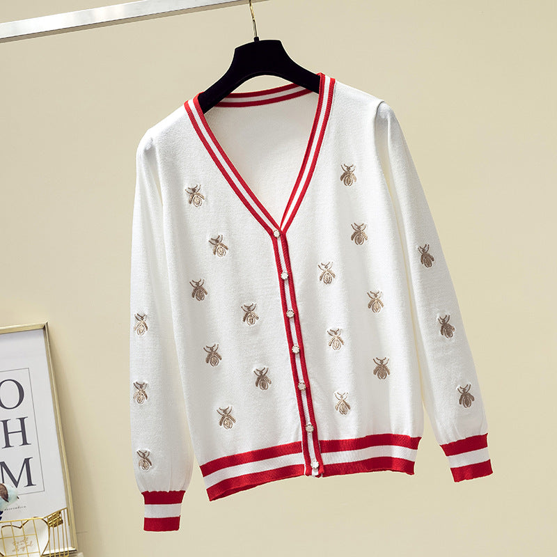 Women's Bee Embroidery Contrast Knit Cardigan Sweater