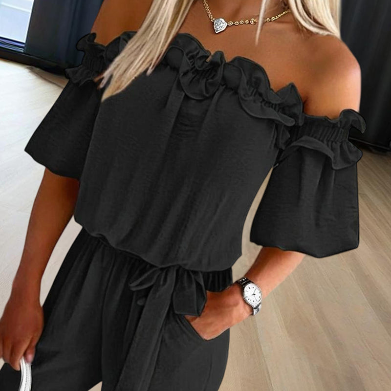 Women's Solid Color Elegant Off-Shoulder Jumpsuit. Ruffle Sleeves & Tie-Waist Summer Casual Romper