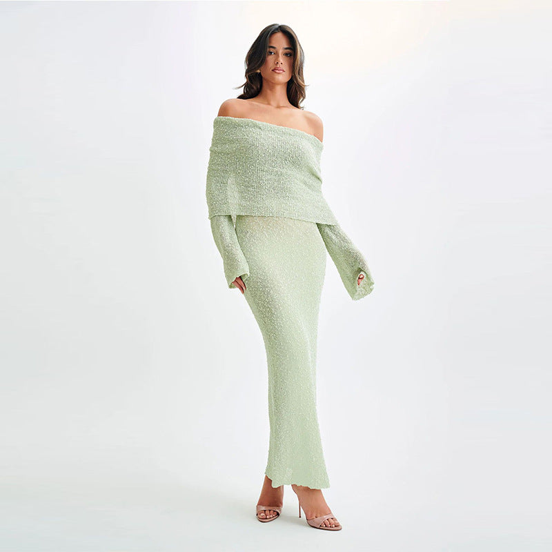 One-shoulder Knitted Long-sleeved Dress. Sexy Beach Holiday Long Dresses Womens Clothing