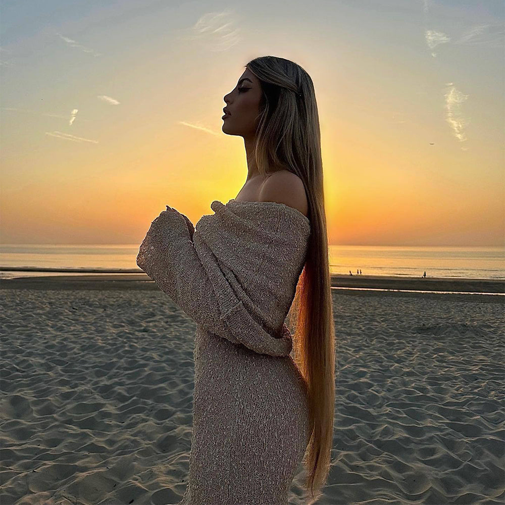 One-shoulder Knitted Long-sleeved Dress. Sexy Beach Holiday Long Dresses Womens Clothing