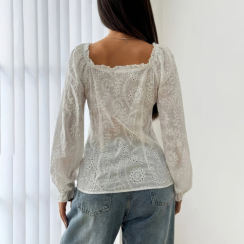 Women's Square Neck Puff Sleeve top. Eyelet Lace Hollow Out Button Blouse