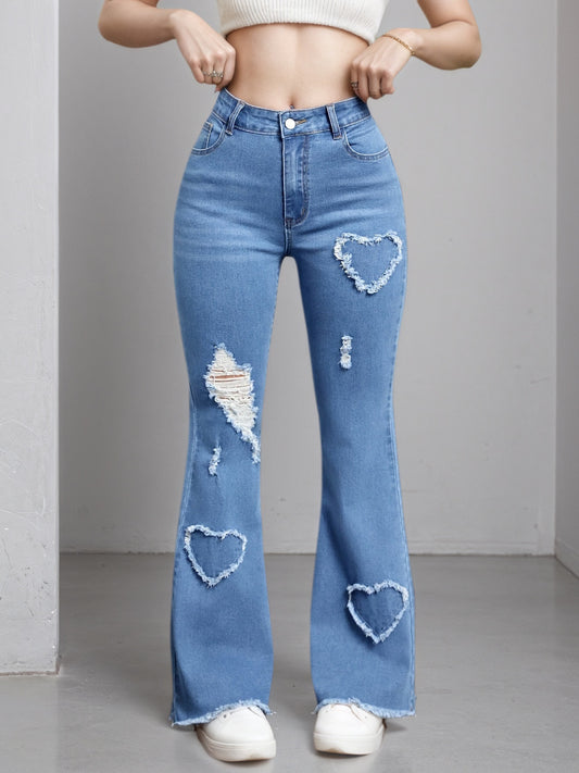 Light blue Women's High-Stretch Flare Jeans. Distressed Denim Bell Bottoms