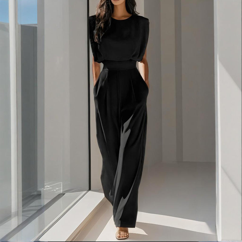Women's Solid Color Round Neck Jumpsuits. Short Sleeve Wide-Leg, Waist Design & Pockets Casual Romper For Spring & Summer