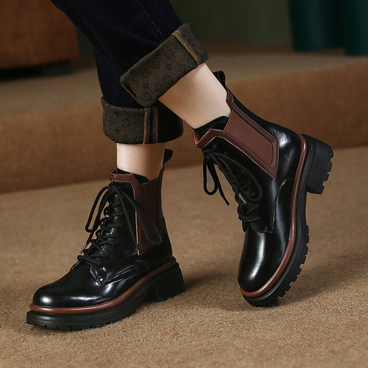 Mid Heel Single Round Toe Colorblock Boots