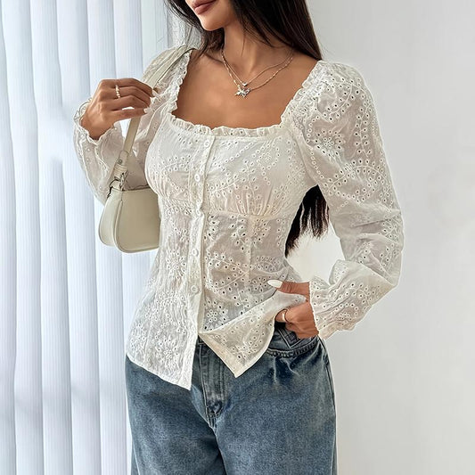 Women's Square Neck Puff Sleeve top. Eyelet Lace Hollow Out Button Blouse