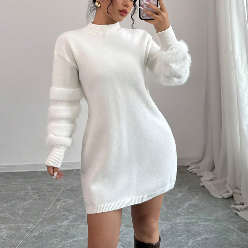 Women's Plush Long Sleeve Mini Dress, Solid Color A-Line Fitted Dress, With Faux Fur Trim For Winter Parties