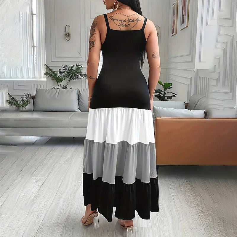 Women's Summer Casual Sleeveless Dress. V Neck Color Block Spaghetti Strap Maxi Long Dress