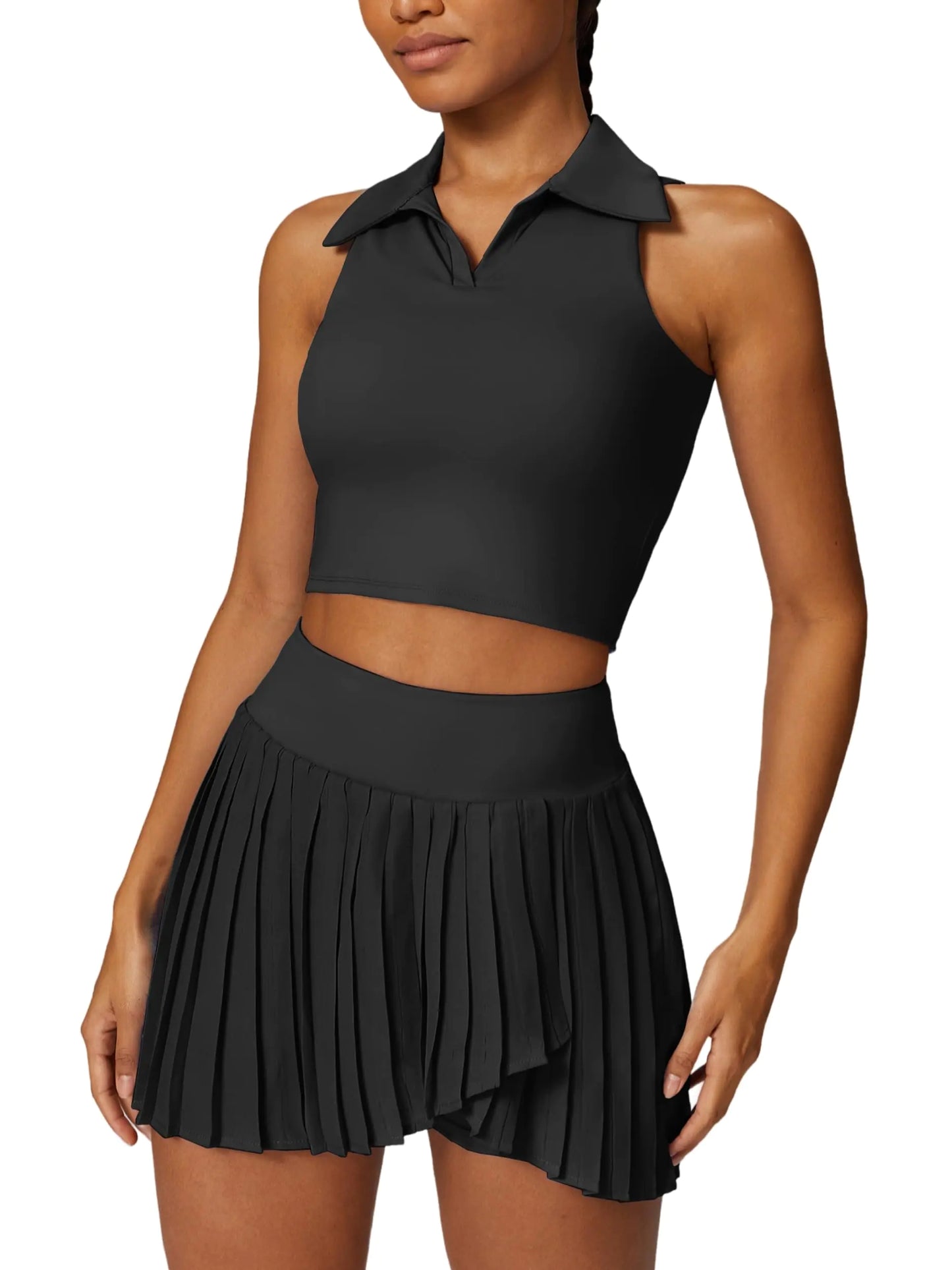 2 Piece High Waisted Pleated Skirt and Sleeveless Racerback Crop Top. Seamless Golf Outfits for women