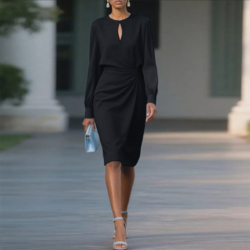 Women's Solid Color Ruffle Sleeve Bodycon Dress, Round Neck Slit Midi Dress For Spring And Summer