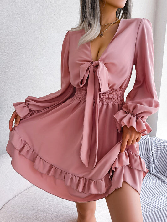 Summer Solid Color V-neck Long Sleeve Dresses. Women Sexy Lace Up A-line Beach Dress
