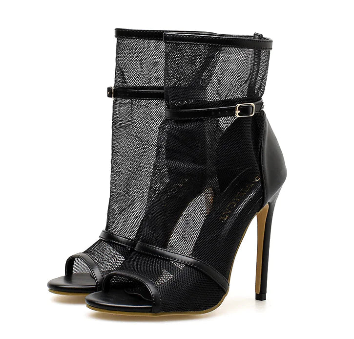 Fishnet Peep-Toe High Heels, Hollow Sexy Booties
