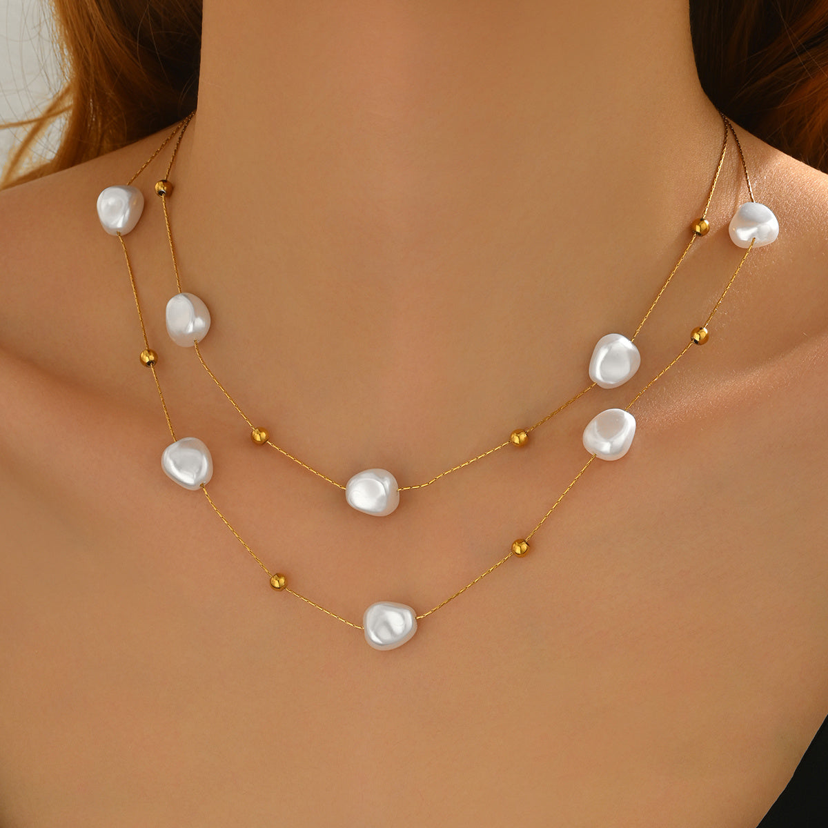 Lxalry 18K Gold Plated Pearl Studded Stainless Steel Necklace. Minimalist Lightweight Hypoallergenic Women Gift