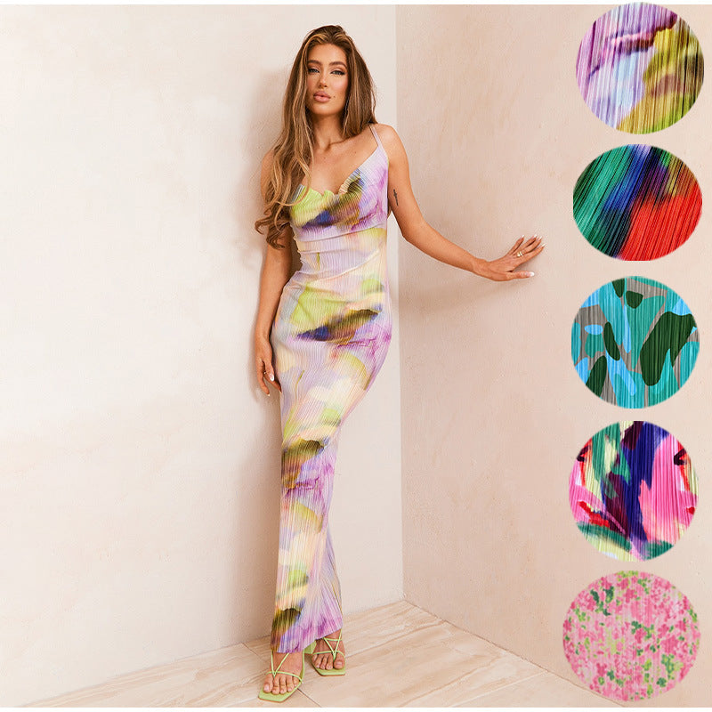 Women's Print Pleated Slim Fit Cami Dress HY009