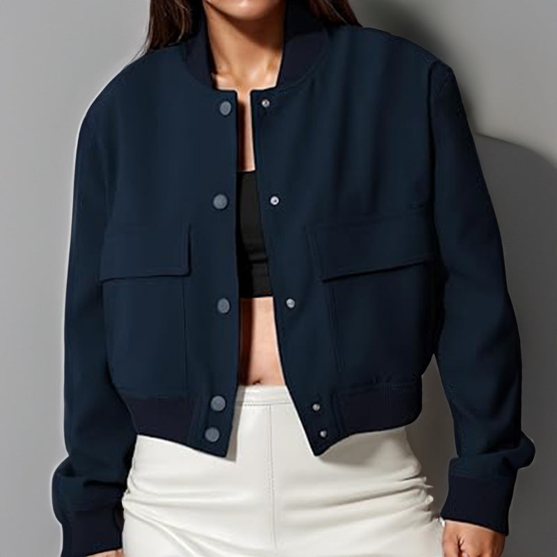 Fashion Button Stand-collar Jacket With Big Pockets. Casual Loose Short Outwear Tops Coat For Women