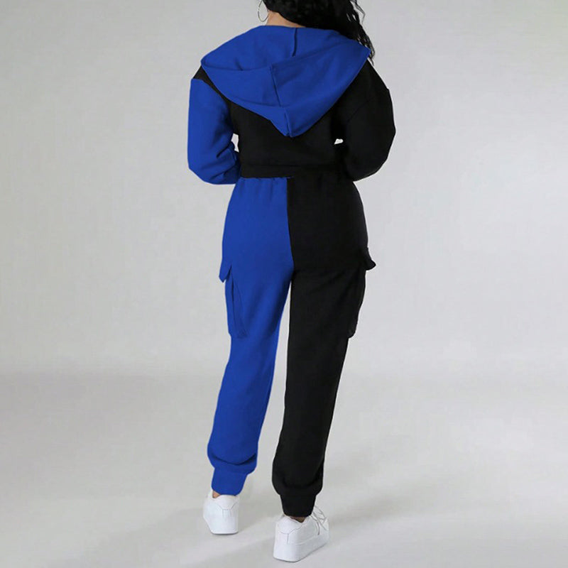 Women's Color Block 2 Piece Set, Full Zip Up Cropped Hoodie Jacket & Drawstring Cargo Pants, Casual Streetwear Outfit