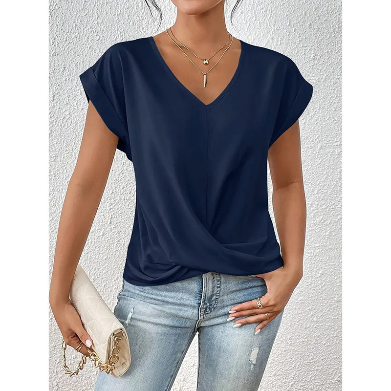 Women's Comfy Casual Summer Tops Short Sleeve V Neck Blouses T Shirts Twist Knot Basic Tees