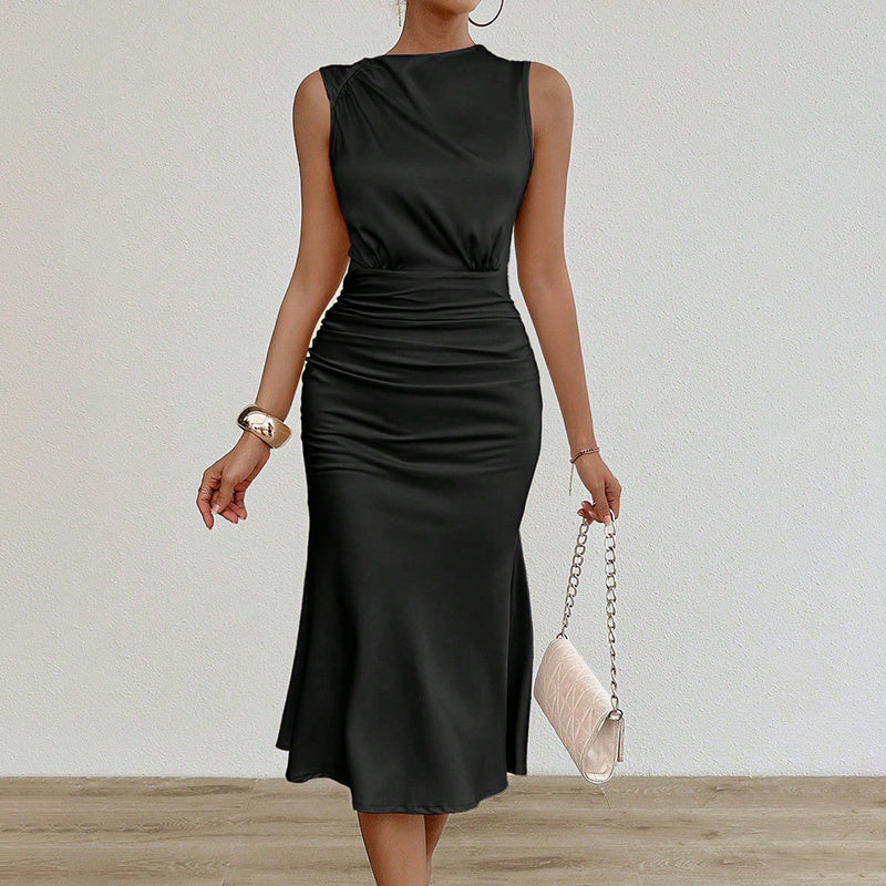 Women's Summer Sleeveless Tank Dresses.  Crew Neck Ruched Casual Party Club Dress