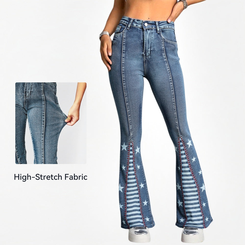 High Waisted Star Patchwork Flare Pants. 4th Of July Outfits For Women, Bell Bottom Denim Pants, Slim Fit Curve Enhancing Soft Stretch Fabric