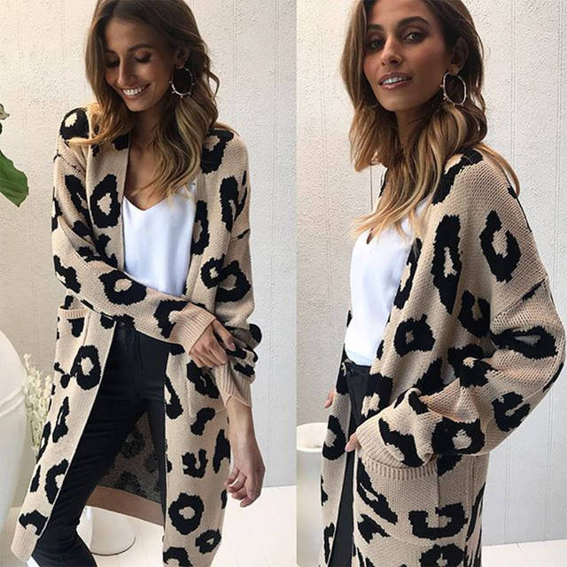 Women's Leopard Knitted Long Sleeve Cardigan Sweater