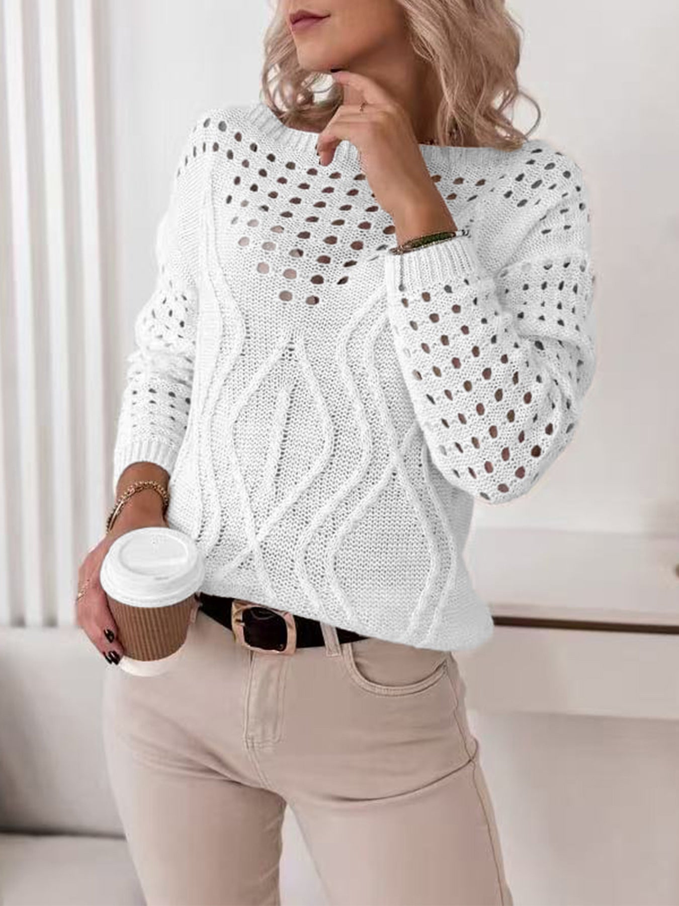 Women's Casual Long Sleeve Crew Neck Blouse. Lightweight Hollow Out Pullover Sweater Tops