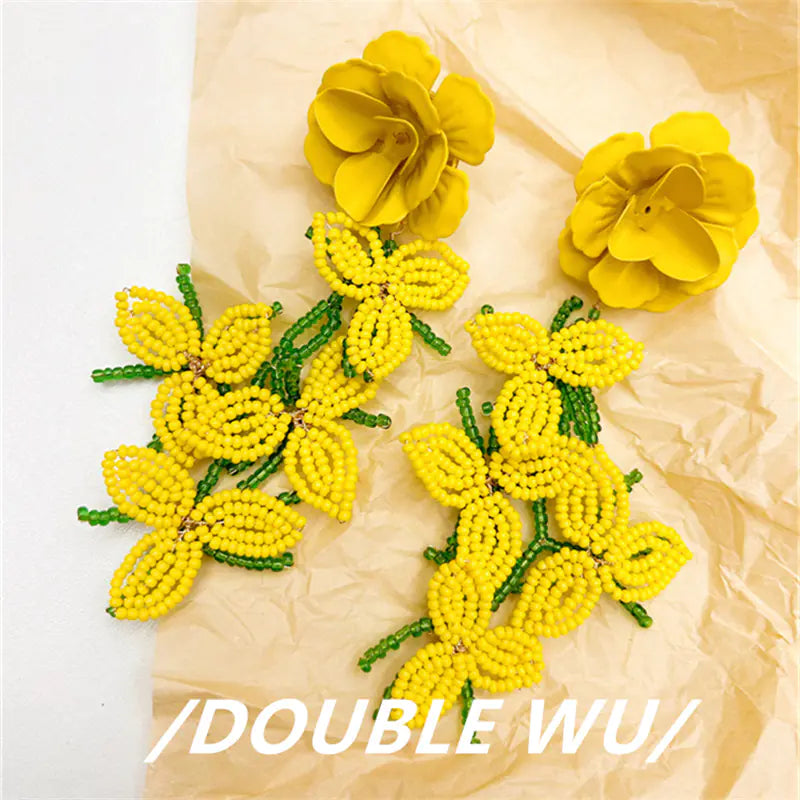 Handmade Beaded Flower Tassel Earrings for Women