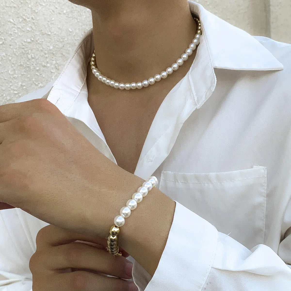 Minimalist Pearl Necklace and Bracelet Set for Men and Women
