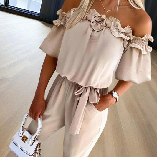 Women's Solid Color Elegant Off-Shoulder Jumpsuit. Ruffle Sleeves & Tie-Waist Summer Casual Romper