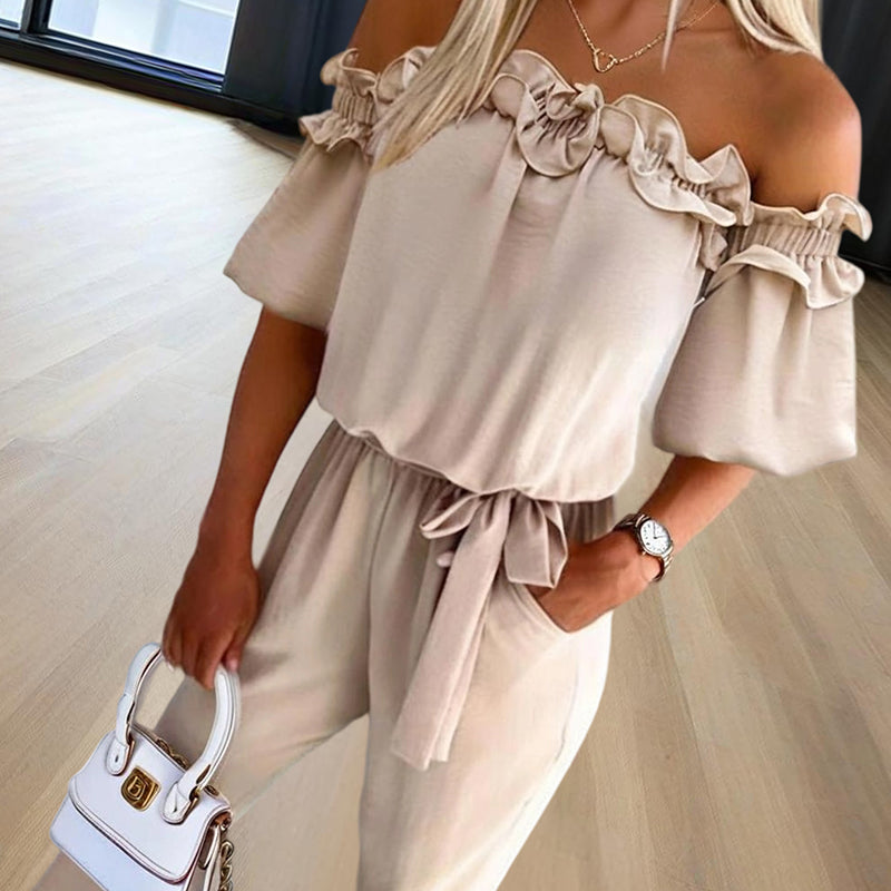 Women's Solid Color Elegant Off-Shoulder Jumpsuit. Ruffle Sleeves & Tie-Waist Summer Casual Romper