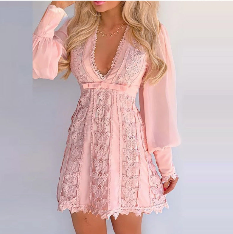 Sexy V Neck Lace Elegant Dresses. Long Puff Sleeve Butterfly Women Dress