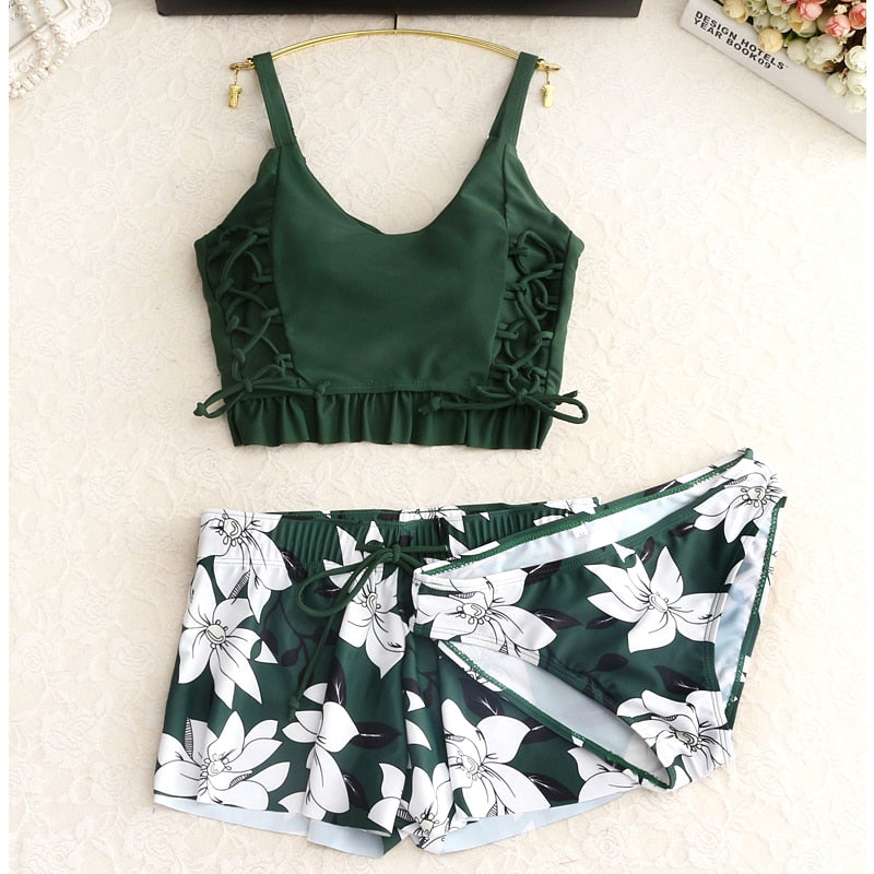 Retro Green Women's Three-Piece Swimsuit Set