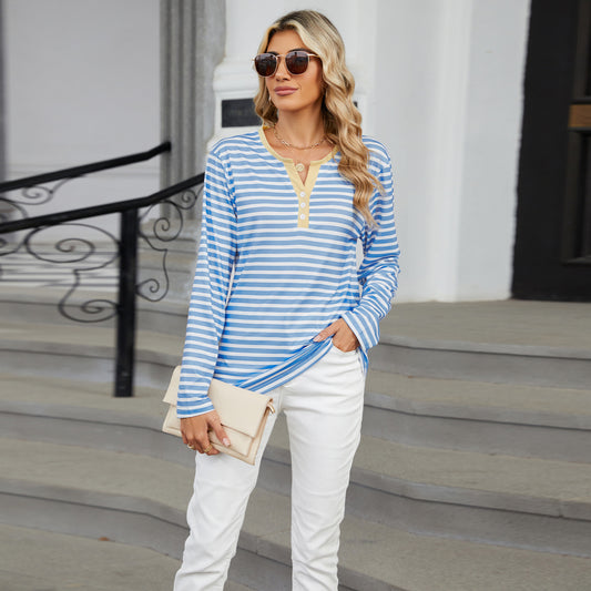 Women's V-neck Striped Loose Long-sleeved T-shirt Tops
