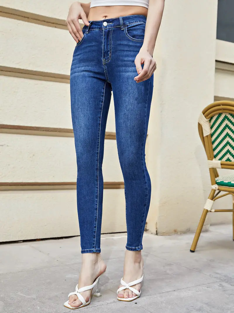 Dark Blue Slim Fit Cropped Denim Pants for Women