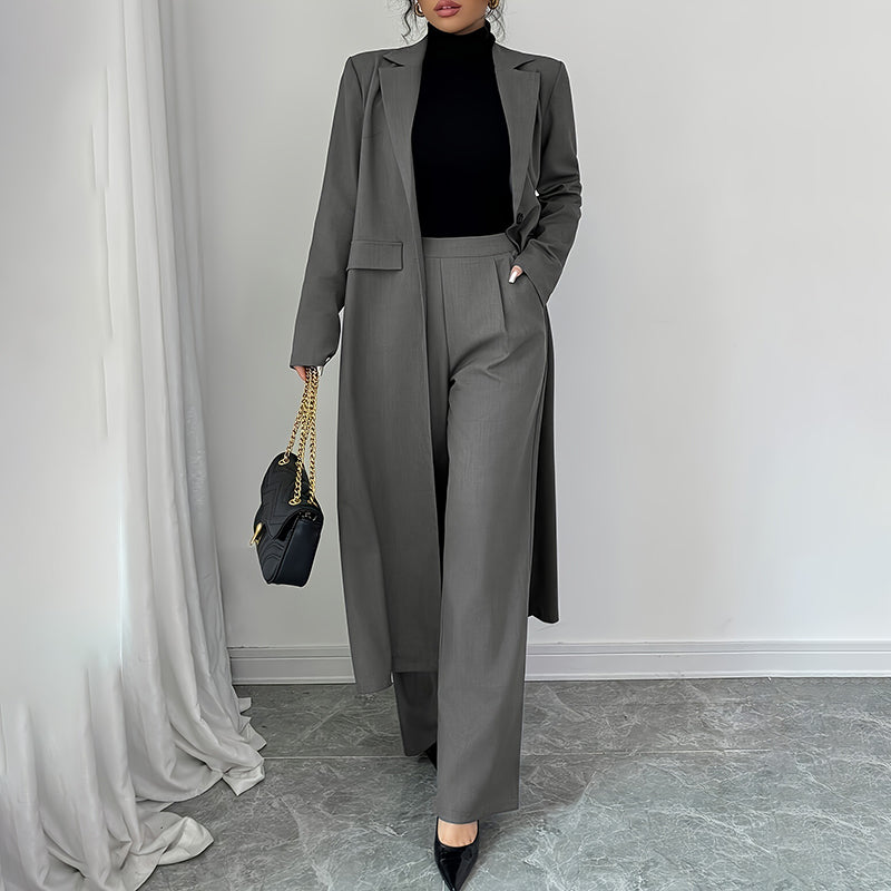 Women's 2 Piece Suit Set. Long Blazer Jacket And Straight Leg Pants, Business Formal Office Outfits For Work, NO Lining