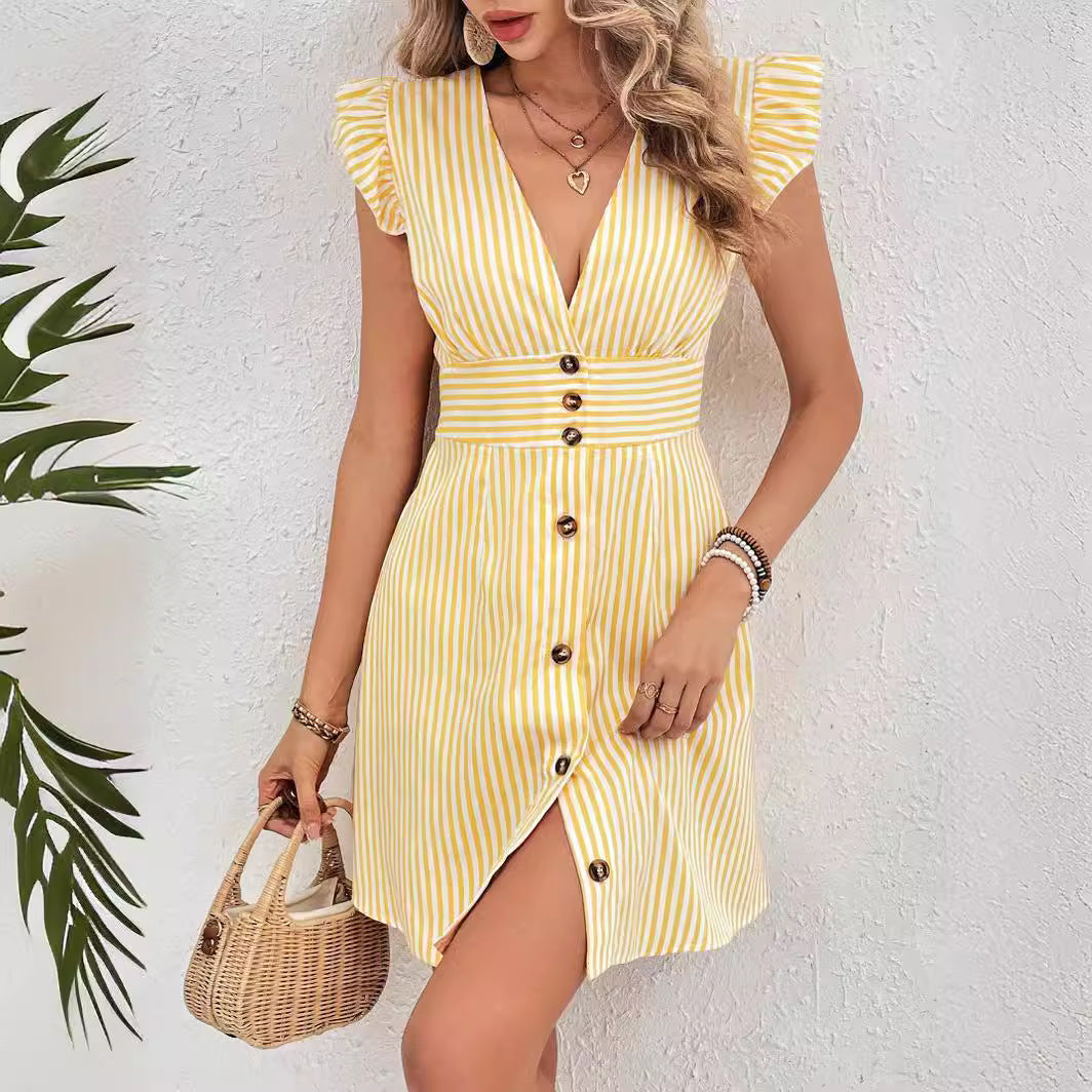 Summer V-neck Single-breasted Dresses. Fly-sleeve Women's Shirt Dresses With Elegant Splicing Stripe, Beach Style Dress