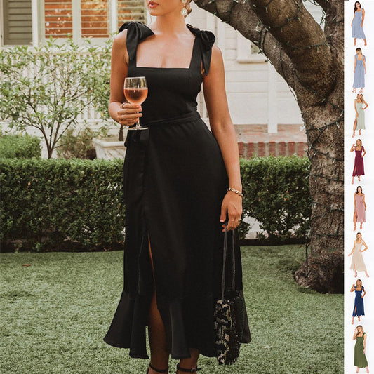 Temperament Suspender Split Dress. Lace-up Design Fashion Summer Ruffled Beach Dresses For Women
