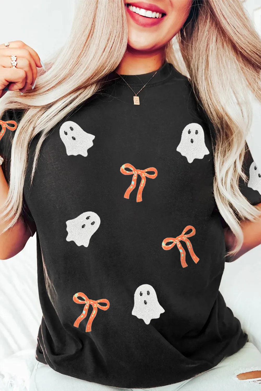 Black Sequin Bow Ghost Patched Halloween Graphic Top