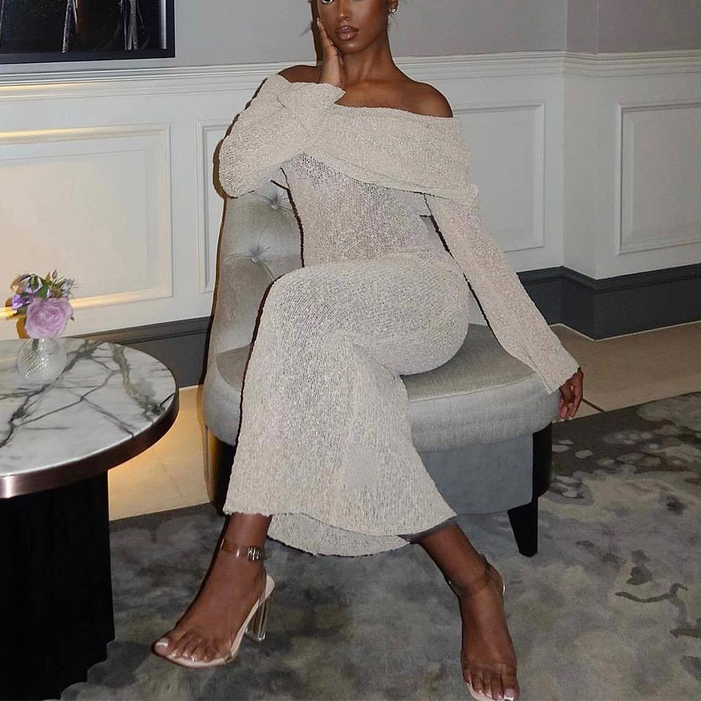 One-shoulder Knitted Long-sleeved Dress. Sexy Beach Holiday Long Dresses Womens Clothing