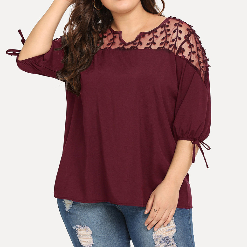 Plus Size Sheer Lace Chiffon Blouses with Ribbons