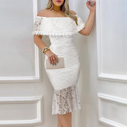 Women's Elegant Floral Lace Off The Shoulder Dress. Scallop Trim Party Wedding Guest Bodycon Dress