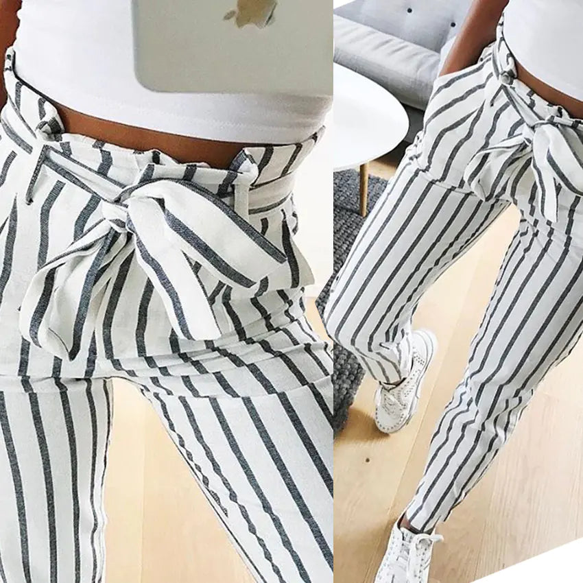 Fashionable Striped Casual Pants with Ties for Women