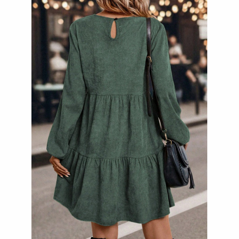 Women's Corduroy Mini Dress - Fall Winter A-Line Long Sleeve Dress, Round Neck