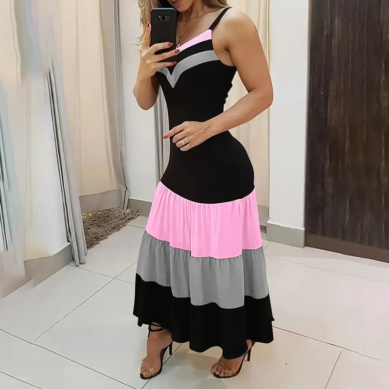 Women's Summer Casual Sleeveless Dress. V Neck Color Block Spaghetti Strap Maxi Long Dress