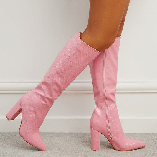 Fashion Winter Pointed Toe High Square Heel Boots. With Side Zipper