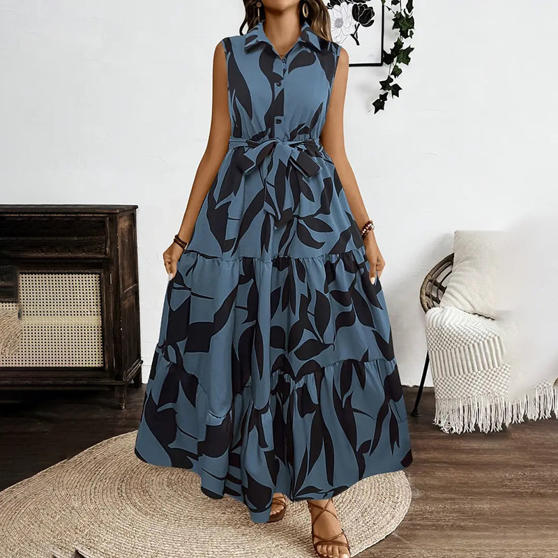 Women Sleeveless Boho Floral Maxi Dress. Summer V Neck Flowy Belted Beach Vacation Dresses