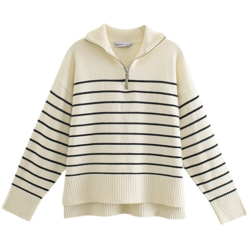 Women's Autumn Long-Sleeved Striped Sweater Coat