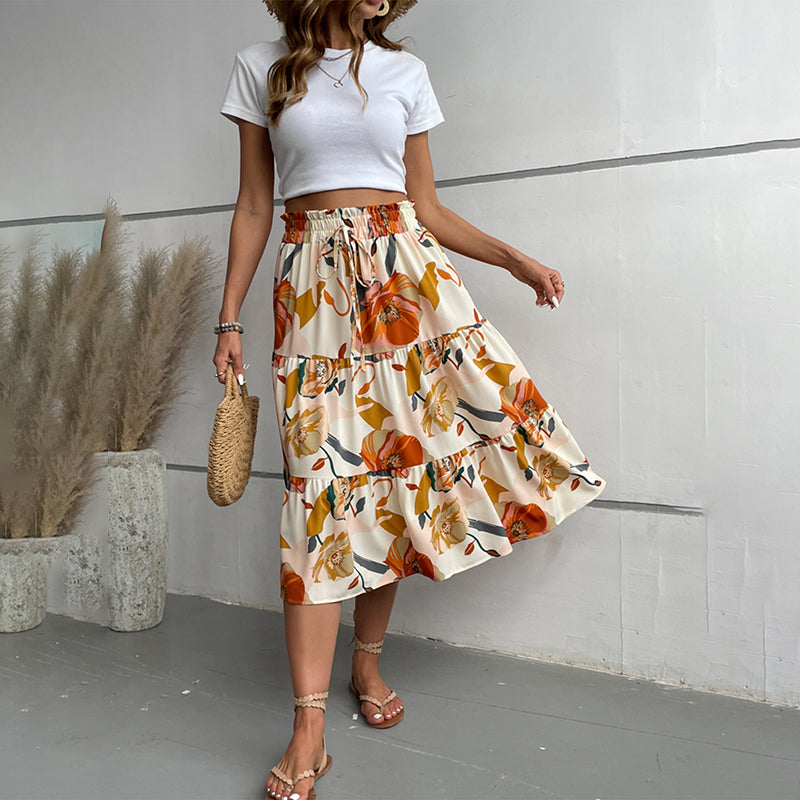 Women's Floral Tiered Midi Skirt. Elastic Waist Dressy Casual A-line Flowy Boho Skirts
