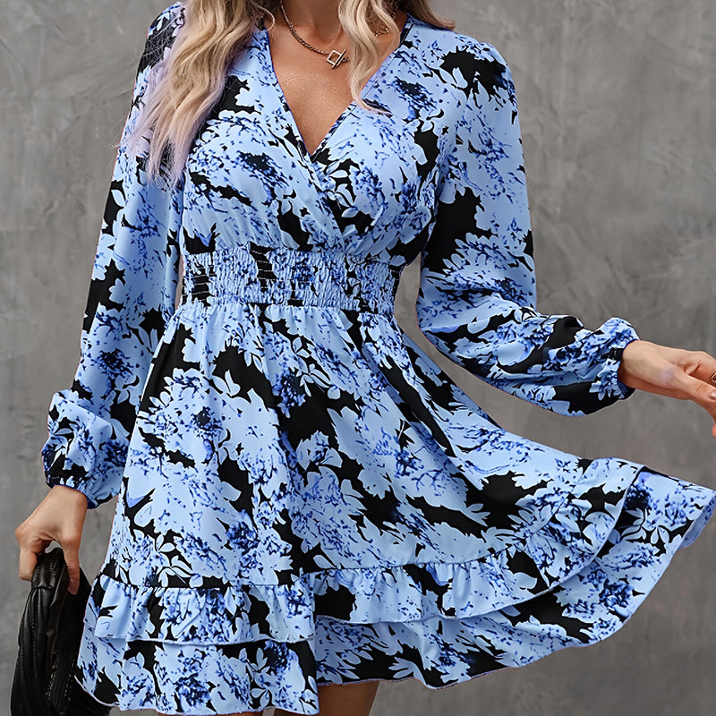 Women's Elegant Printed Lantern Sleeve A-Line Dress. V-Neck, Ruffled Gathered Waist Detail, Flowy Midi Dress For Casual & Formal Occasions