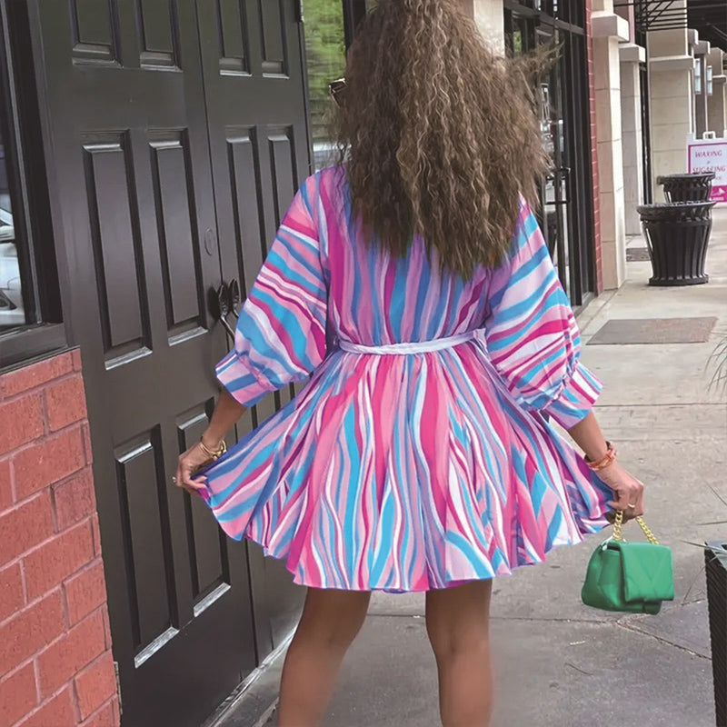 Women's V-Neck Rainbow Stripe Short Dress. Three Quarters Sleeve Casual Summer Sundress With Tie Waist