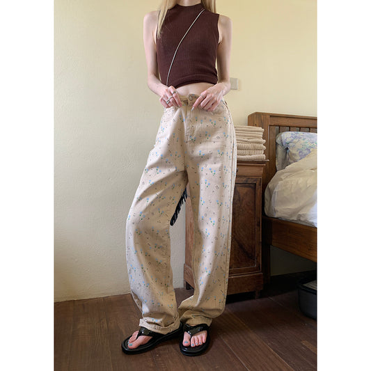 Refreshing Retro Small Floral, Casual Loose Colored High Waisted Jeans For Women