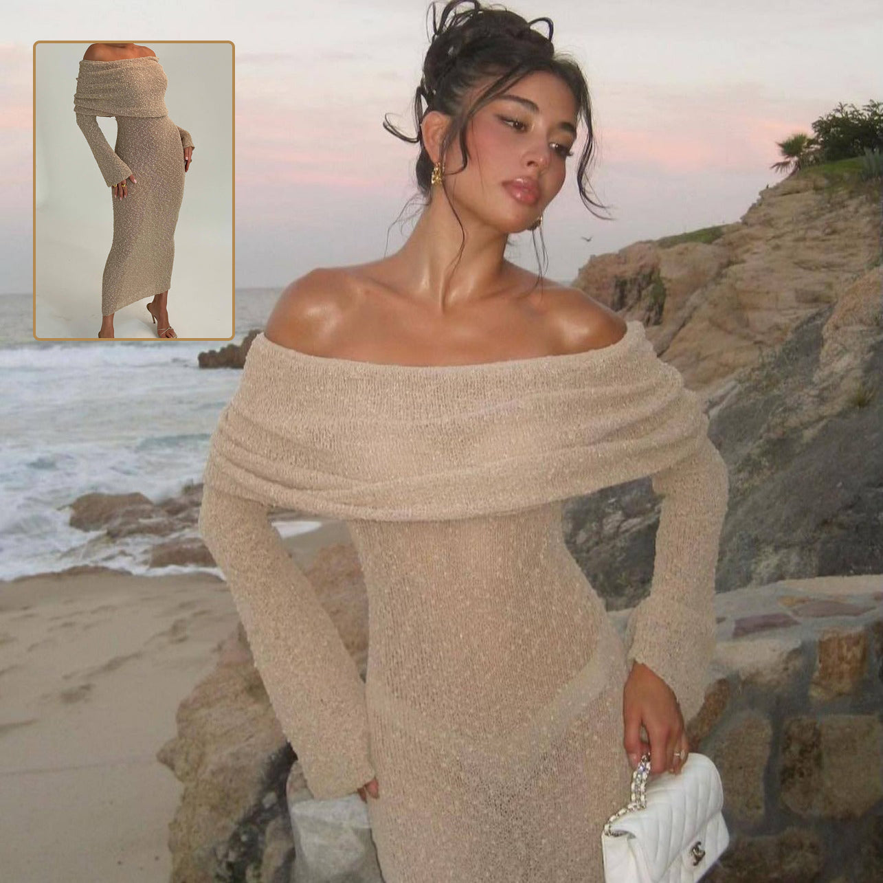 One-shoulder Knitted Long-sleeved Dress. Sexy Beach Holiday Long Dresses Womens Clothing